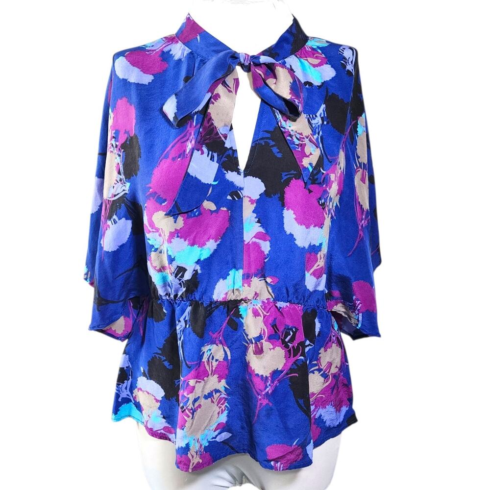 Gemma 100% Silk Blouse Bold Floral Tie Neck Peplum Boho Artistic Womens Small